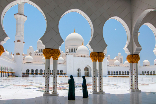 Moschee in Abu Dhabi mit weiß-goldenen Säulen und Blumenmuster auf dem Boden 